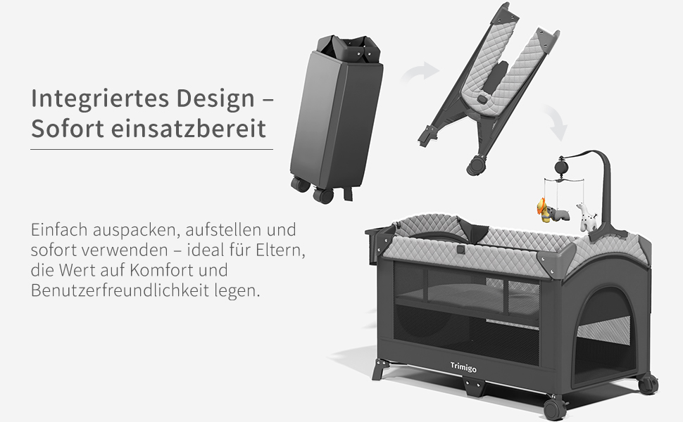 Tragbares Babyreisebett mit integriertem Wickeltisch. Verfügt über ein graues und schwarzes Design, Netzseiten und Räder. Inklusive abnehmbarem Zubehör für einfache Einrichtung und Verwendung