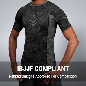 Hayabusa Blue Ranked Rash Guard On Athlete with hands on waist
