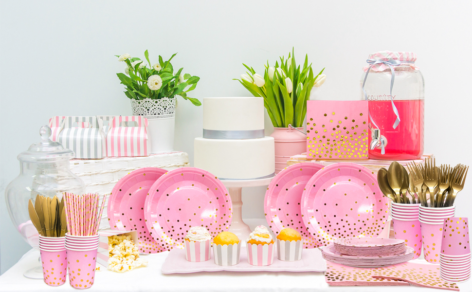 Fruitful Party Pink and Gold Supplies 193PCS/Serves 24 Golden Dot