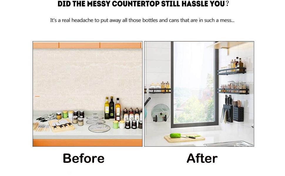 YunNasi Spice Rack Wall Mount 2 Pack with 8 Hooks Black Modern Hanging Spice Rack