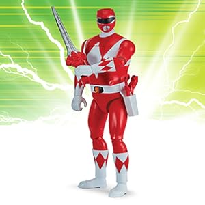 Animated red and white action figure or robot character shown in multiple dynamic poses against a bright green background with lightning effects.