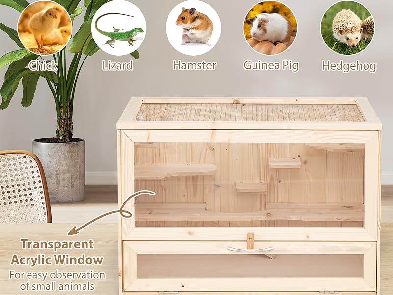 Text reads 'Wooden Pet Cage'. Product display showing wooden cage with transparent acrylic window and five circular icons showing different small pets using the cage.