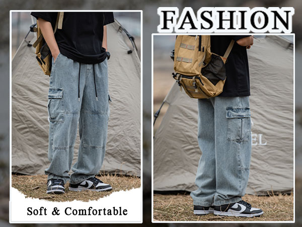 【BAON】[unisex] Tect banding wide cargo denim pants TMOYZQ Denim Cargo Pants for Women, High Waisted Wide Leg