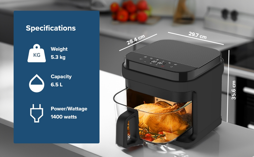 Healthy Choice 6.5L Glass Digital Air Fryer Detachable Glass Pot, EasytoUse Controls, Timer