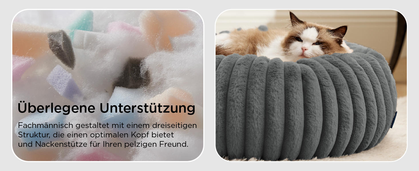 Der Text lautet „Überlegene Unterstützung“. Graues, geripptes Kissen oder Stütze, in der häuslichen Umgebung aus verschiedenen Blickwinkeln dargestellt.