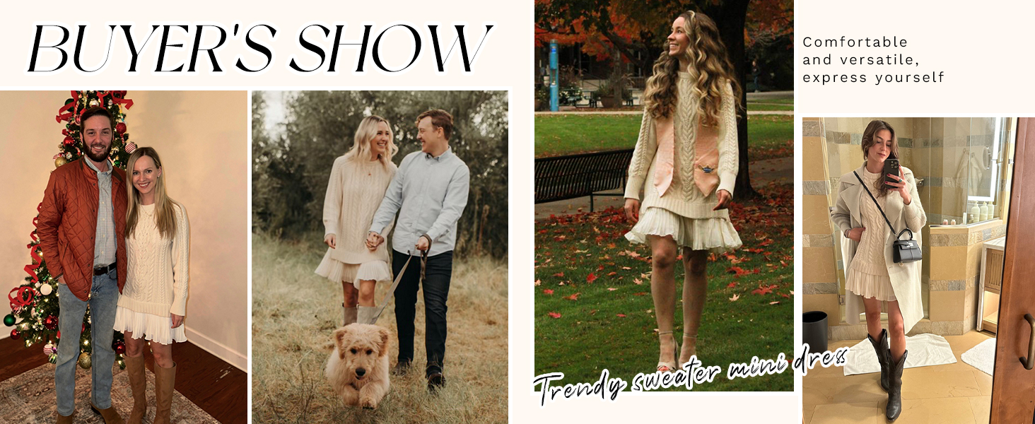 Women Round Neck Cable Knit Sweater Dress