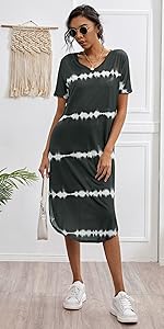 Milumia Women's Casual V Neck Short Sleeve Split Curved Hem Straight Midi T Shirt Dress 