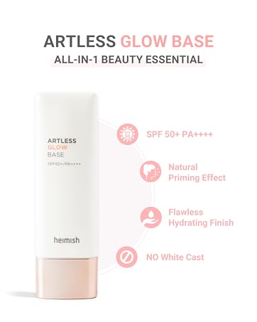 Artless Glow Base beauty product in white tube with pink cap. Features include SPF 50+, natural priming effect, hydrating finish, and no white cast.