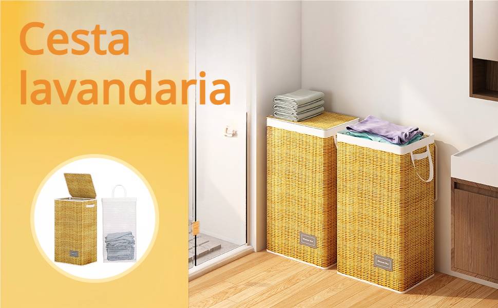 Cesto de Roupa Suja com Tampa, Saco Removível com Alça