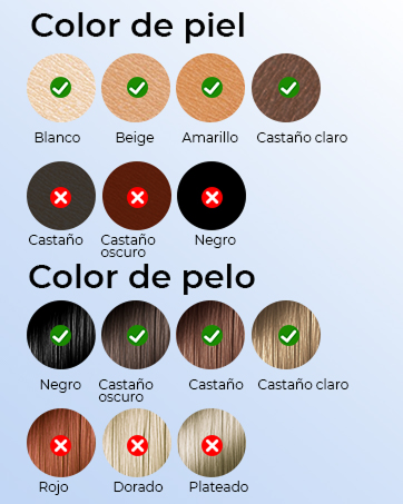 El texto dice: «Color de piel» y «Color de pelo». Gráfico de selección que muestra las opciones de tono de piel y color de cabello con muestras de color circulares dispuestas en filas.