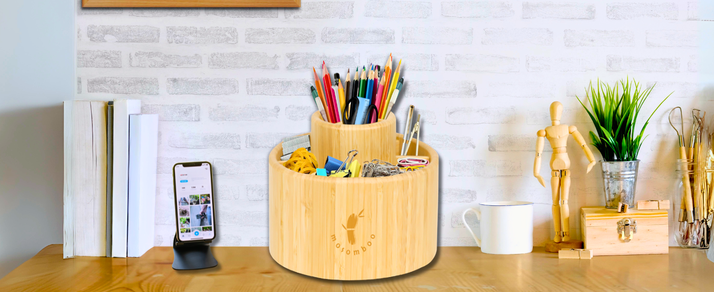 Bamboo Rotating Art Supply Desk Organizer