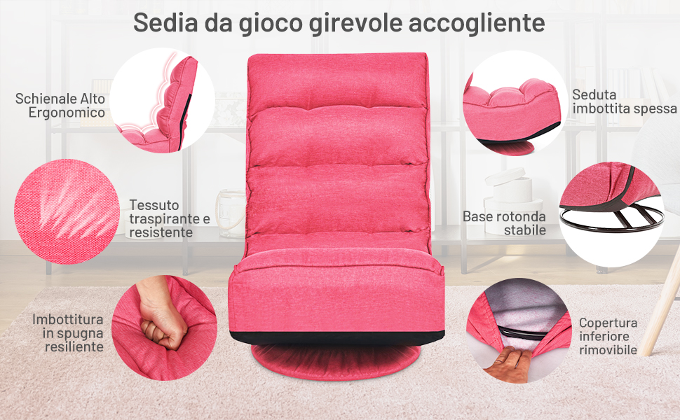 RELAX4LIFE Sedia Da Terra Reclinabile In 5 Posizioni, Poltrona Da Pavimento Con Base Girevole A 360°, Sedia Da Terra Con Schienale Pieghevole, Poltrona Imbottita Morbida (Grigio) 12 6