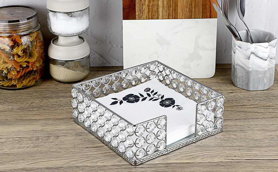 SUMNACON Crystal Napkin Holder Table Tissue Paper Stand, Square Silver