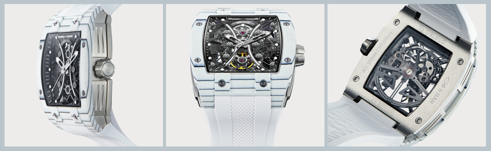 316L stainless steel case, carbon fibre bezel, transparent automatic movement