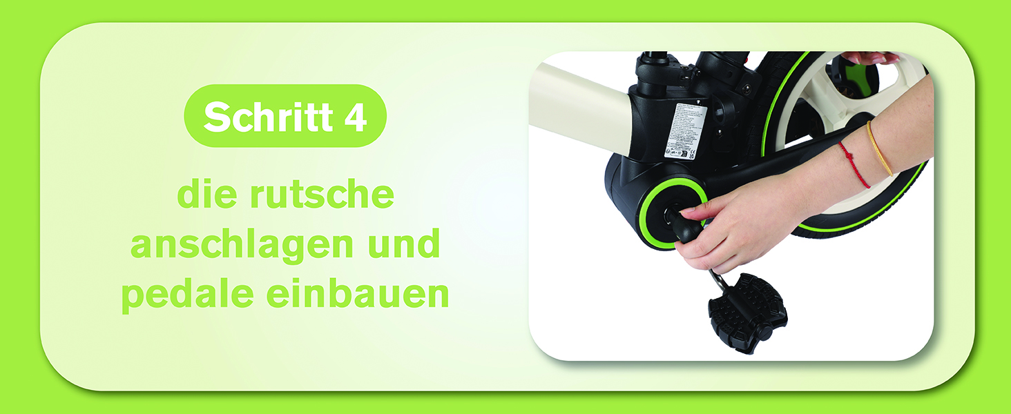 Nahaufnahme von Händen, die Pedale an einem Gerät befestigen, mit dem deutschen Text 'Schritt 4' (Schritt 4), sichtbar in