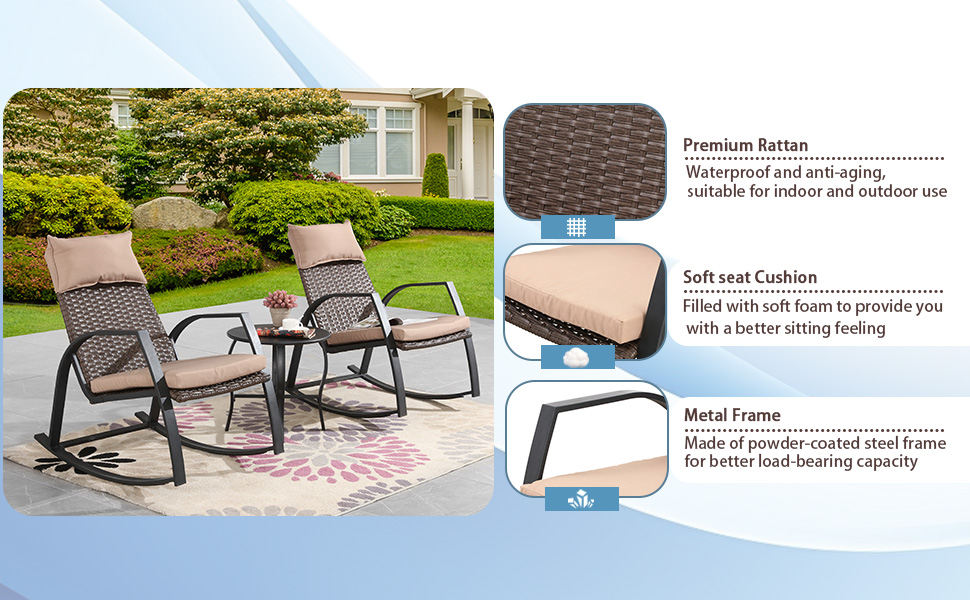 ARTLOFT 3 Piece Rocking Bistro Set Wicker Patio Outdoor