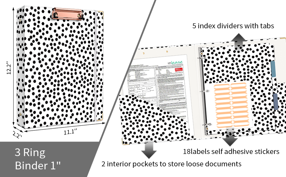 Ospelelf 3 Ring Binder 1 Inch, Cute Binder for Letter Size (11" x 8.5") with 5 Tab