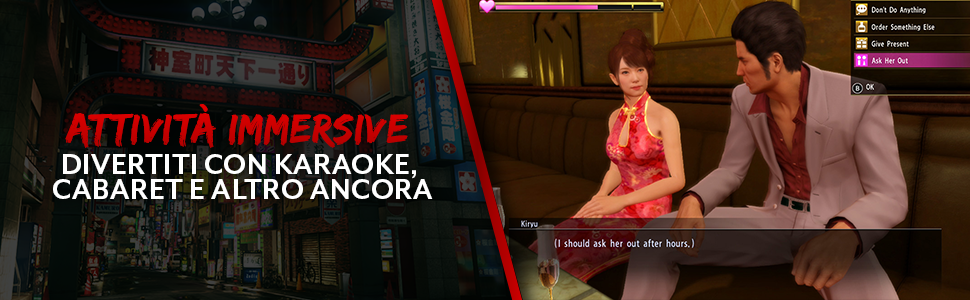 Il testo recita «DIVERTITI CON KARAOKE, CABARET E ALTRO ANCORA». Immagini promozionali dei luoghi di intrattenimento che mostrano karaoke e spazi per spettacoli con illuminazione rossa.