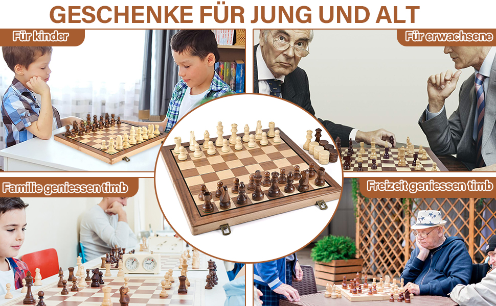 Text reads 'GESCHENKE FÜR JUNG UND ALT'. Composite image showing wooden chess set in center surrounded by images of people playing chess.