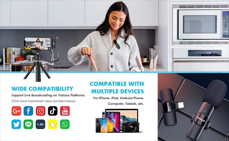 VIEWLON Wireless Microphone for iPhone/Android Phone/PC, Mini Lavalier