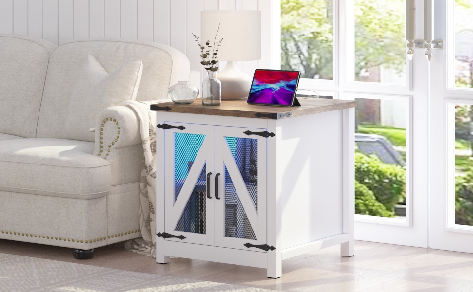 Farmhouse End Table, 24" Large Sofa Side Table with Charging Station