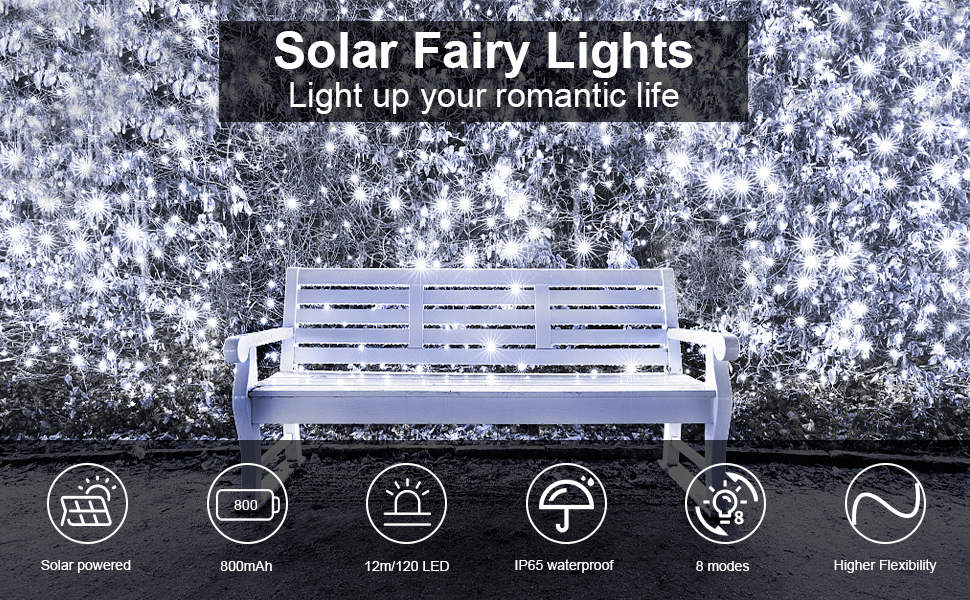 FFZZKJ Solar Lights Outdoor Garden Waterproof Total 240LED 12Mx2 Pack Outdoor Solar Lights for Garden Patio Balcony Terrace Veranda Tree, Cold White 9 solar fairy lights