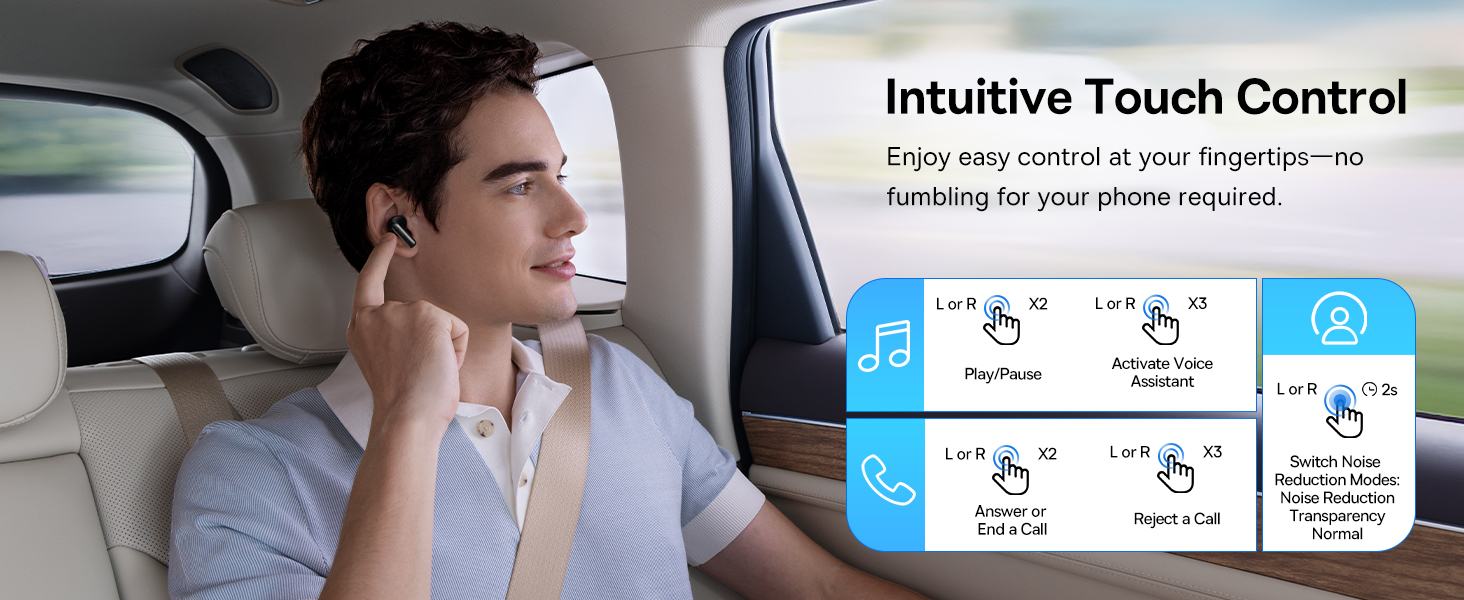 Text reads 'Intuitive Touch Control'. Person in car with interface showing three blue icons for different touch control functions.