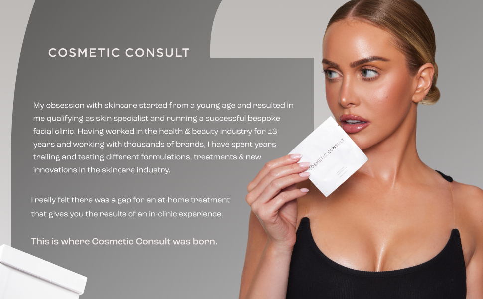 Advertisement featuring a woman holding a white cosmetic product container against her face, with text describing a cosmetic consultation service in the background.