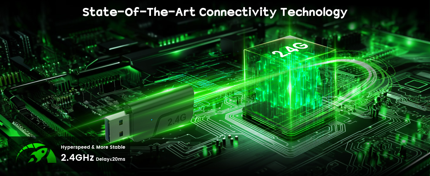 Digital circuit board visualization with glowing green elements and '2.4GHz' text overlay, showing technological connectivity concept