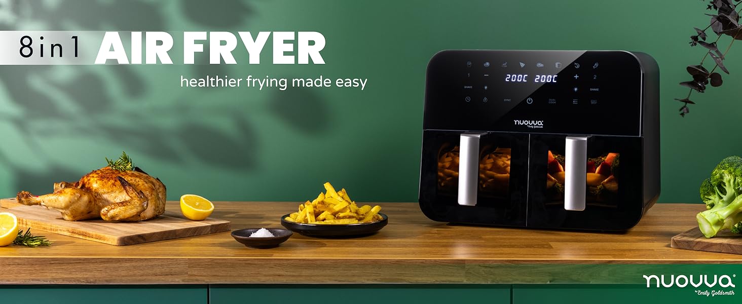 Kitchen Air Fryer Oven – Energy Saving Dual Compartment Air Fryer – 12 Cooking Presets For Convenient Operation – Oil Free Healthy Cooking – Touch Screen Display – 9L, 2400W – by Nuovva 9 Dual Air fryer ninja cooking kitchen accessories timer display safety heating cookware oven grill