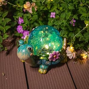 Garden Statue Turtle Figurine - Solar Powered Resin Animal Sculpture with LED Warm String Light