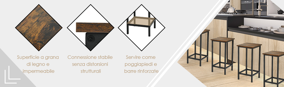 COSTWAY Set Di 4 Sgabelli Da Bar, Sgabello Sedie Alta Con Poggiapiedi, Stile Industriale Per Cucina, Soggiorno, Sala Da Pranzo, Capacità 100kg (30x30x62 Cm) 14 1