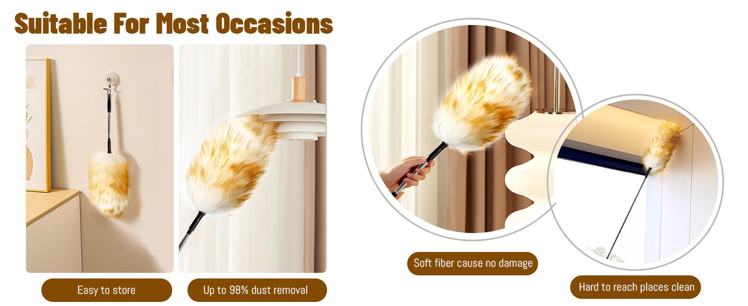 easy to use;up to 98% dust removal; soft fiber cause no damage; hard to reach places clean