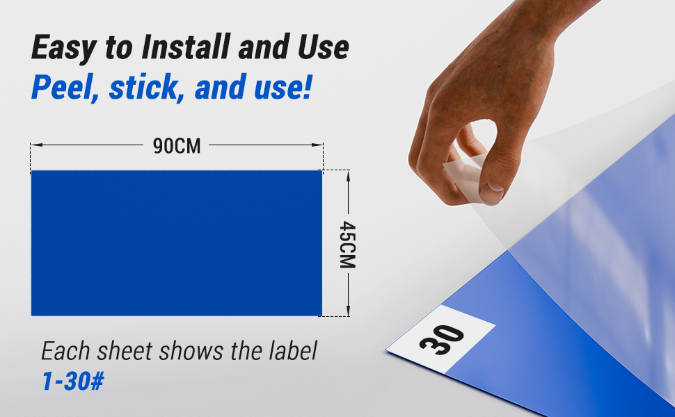 Text: „Einfach anzubringen und zu verwenden, abziehen, aufkleben und verwenden! Auf jedem Blatt befindet sich das Etikett „1-38R“. Blaue Klebefolie mit Messmarkierungen und Nachweis der Schälwirkung.