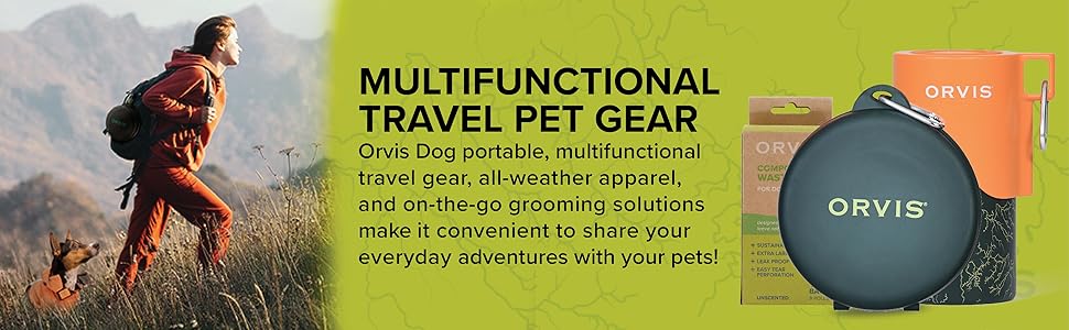 Dog and woman hiking on left and outdoor dog accessories on the right