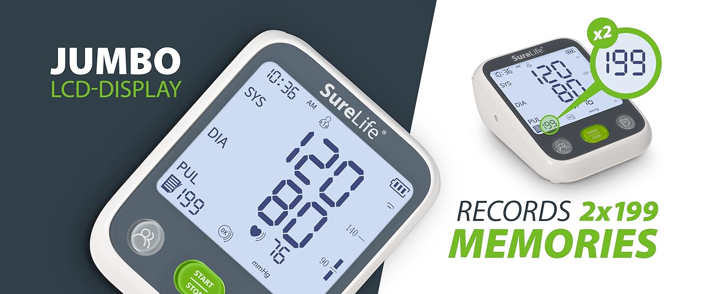 SureLife Arm Blood Pressure Monitor - JUMBO Disaply &amp; Memories