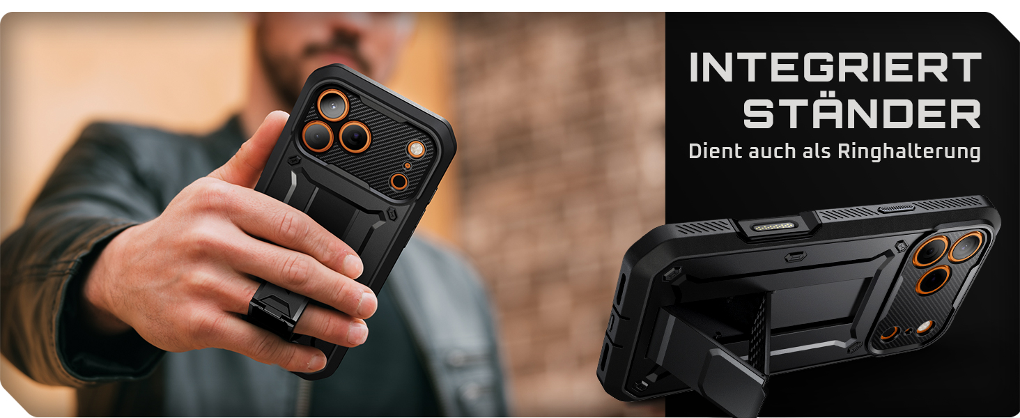 Der Text lautet "INTEGRIERTE STÄNDER". Produktvorführung, die ein elektronisches Gerät oder einen Scanner mit integrierter Standfunktion zeigt.