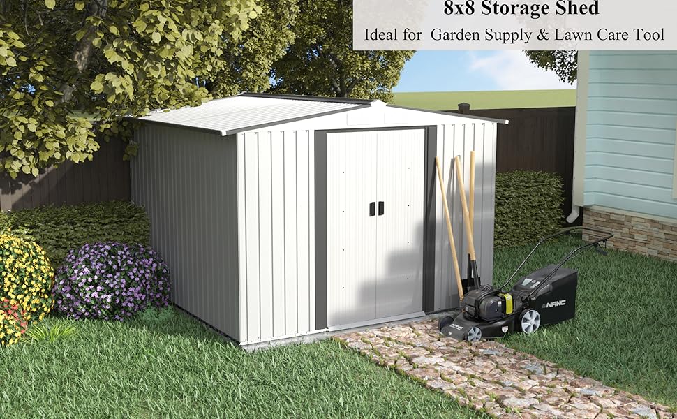 Storage Shed 8x8 FT, Galvanized Steel Outdoor Storage Shed