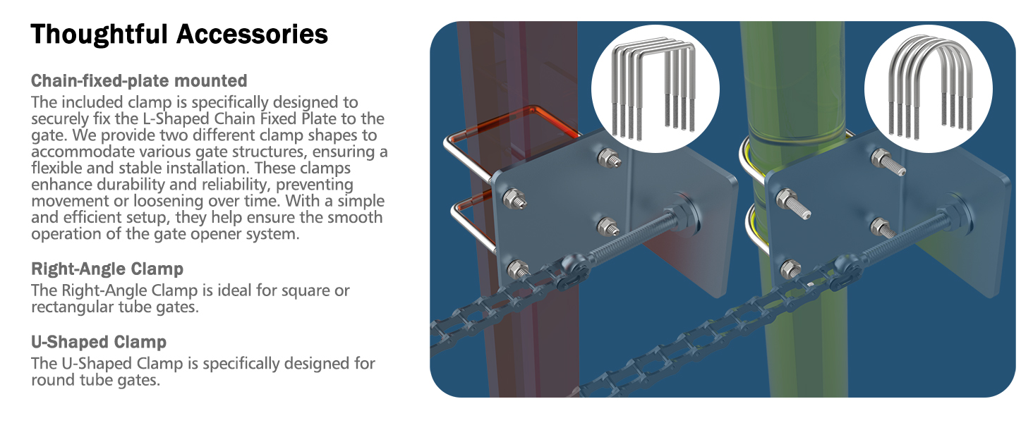 Universal mounting brackets, round and square post support, flexible gate opener installation