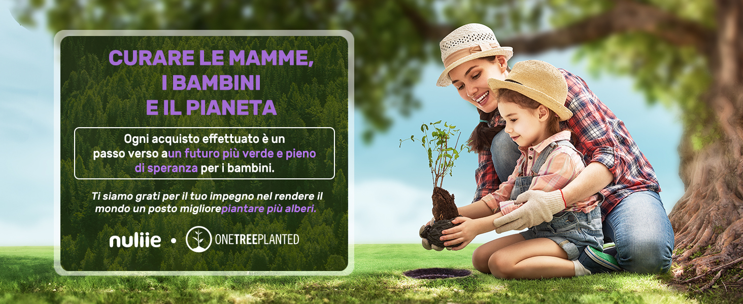 Scena all'aperto con due persone che piantano un albero. La sovrapposizione di testo verde parla della cura delle madri, dei bambini e del pianeta