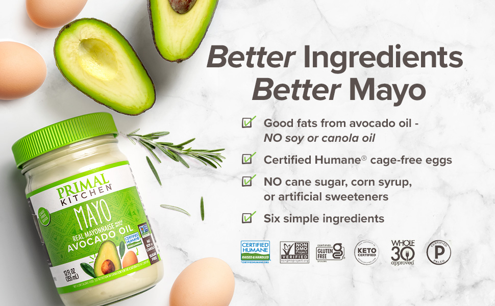Mayo jar with whole avocados and eggs. Good fats from avocado oil. No cane sugar. Cage-free eggs.