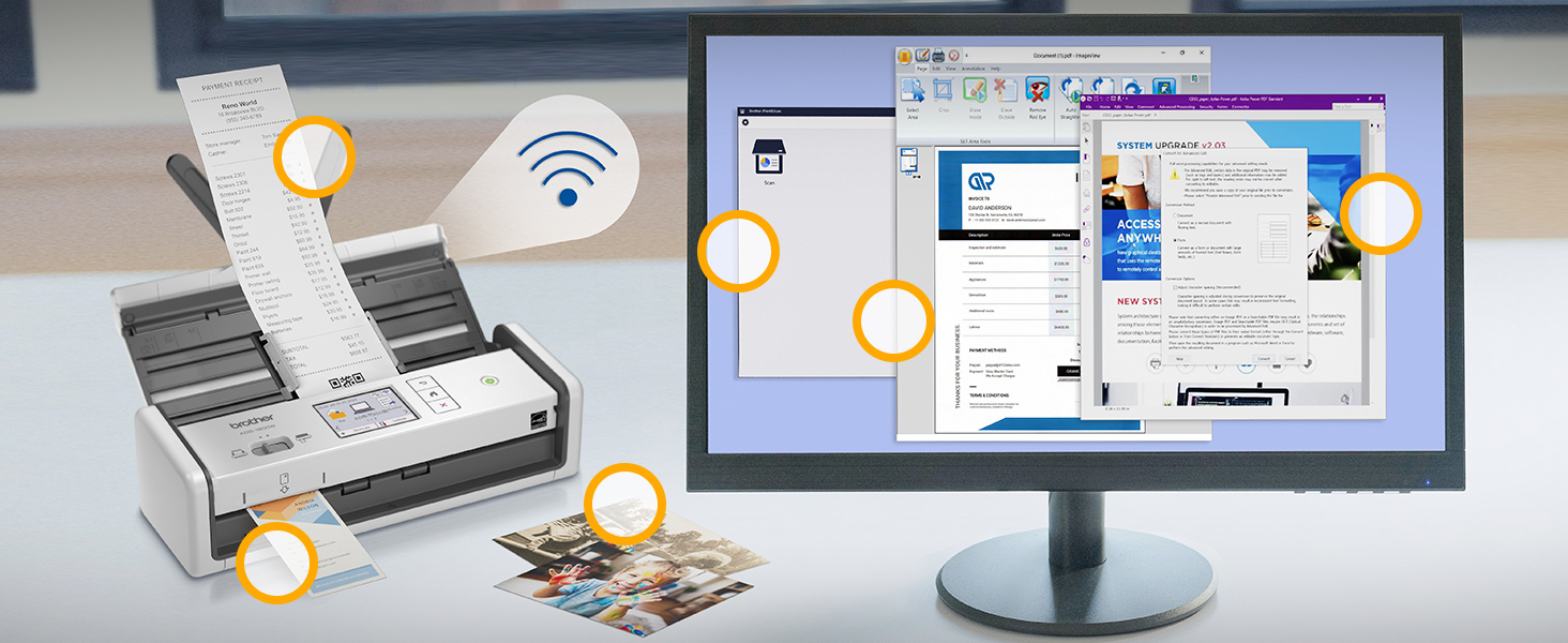 Brother ADS-1800W scanner connected to computer via Wi-Fi, with receipt in auto document feeder