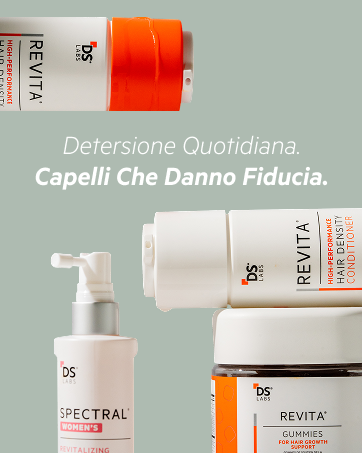 Il testo recita 'Detersione Quotidiana' e 'Capelli Che Danno Fiducia'. Flaconi di prodotto con accenti arancioni su sfondo verde menta.