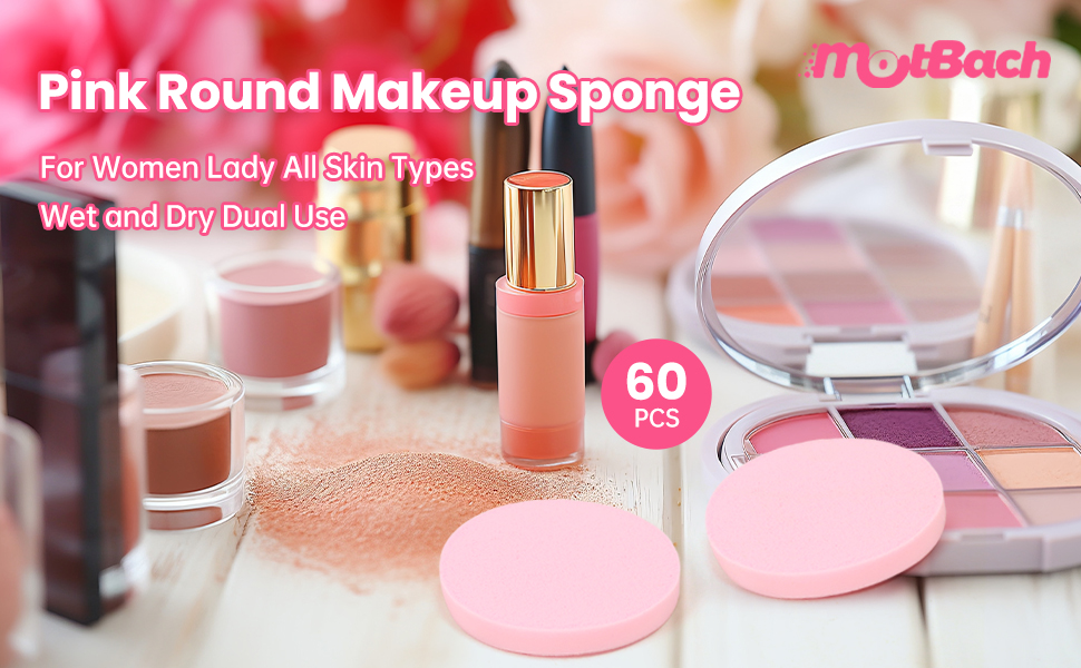 MotBach 60 PCS Pink Round Makeup Sponge for Women Lady All Skin Types Wet and Dry Dual Use
