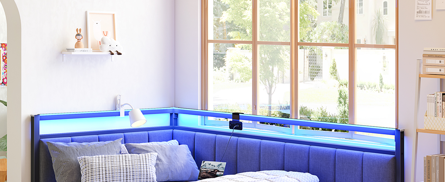 Corner Bed Frame Twin Size with LED Lights and Charging Station