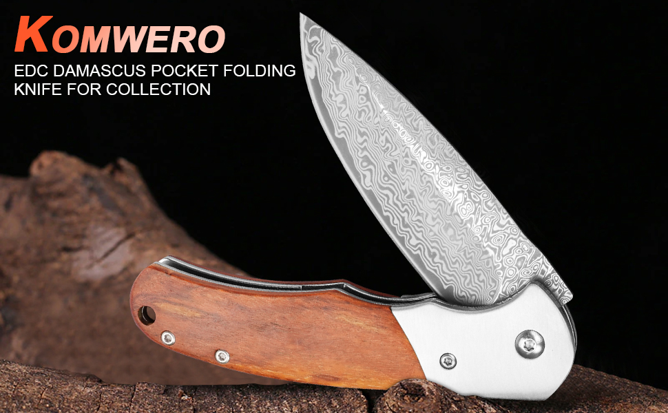 KOMWERO Damascus Pocket Knife with Clip for Men, VG10