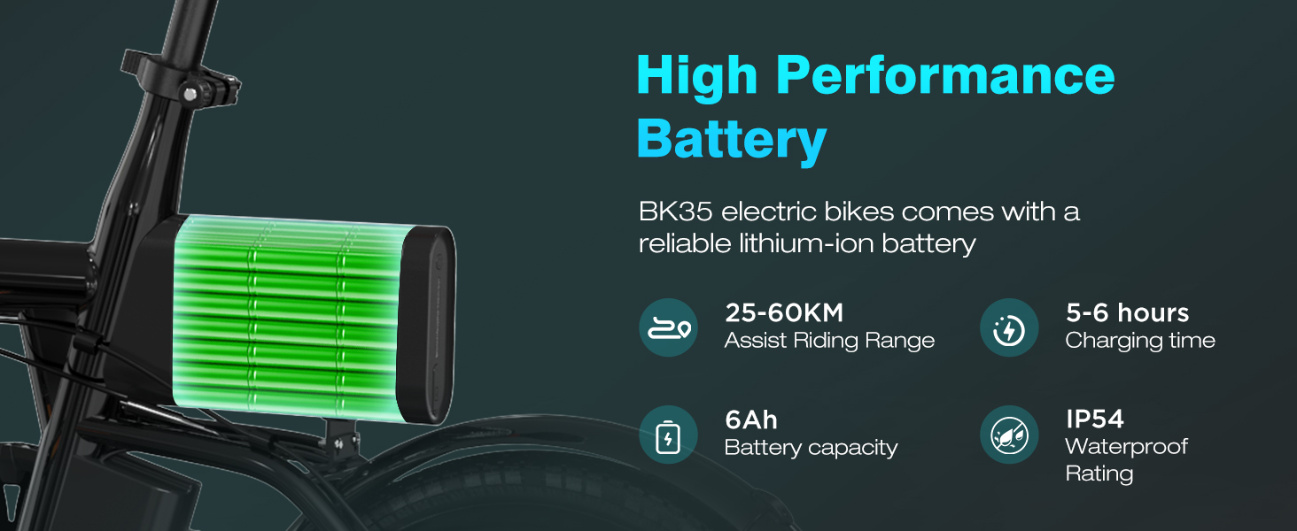 Green cylindrical electric bike battery with illuminated segments. Text highlights 25-60KM range, 5-6 hours charging time, 6Ah capacity, and IP54 waterproof rating.