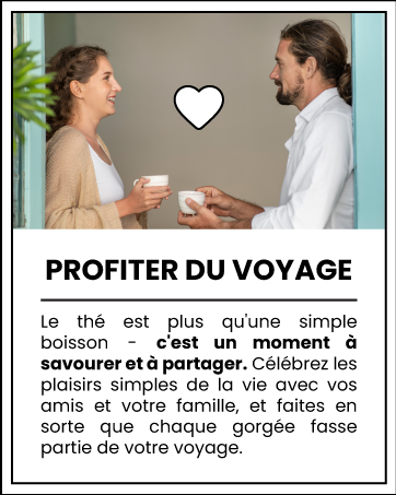 sur le plaisir du thé, avec un symbole décoratif en forme de cœur et un message sur le partage de moments avec les amis et la famille.