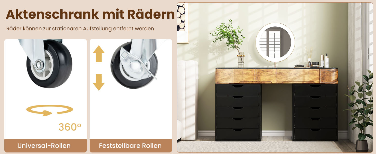 Aktenschrank mit Rädern. Auf der linken Seite befinden sich die universellen und feststellbaren 360°-Rollenoptionen. Auf der rechten Seite befindet sich ein Holzschrank mit schwarzen Schubladen und einem runden Spiegel darüber