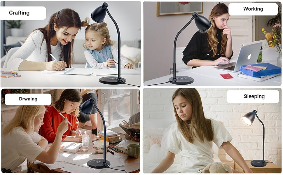 LED Desk Lamp with Wireless Charger USB Charging Port Dorm Lamp Touch Reading Lamps for Light